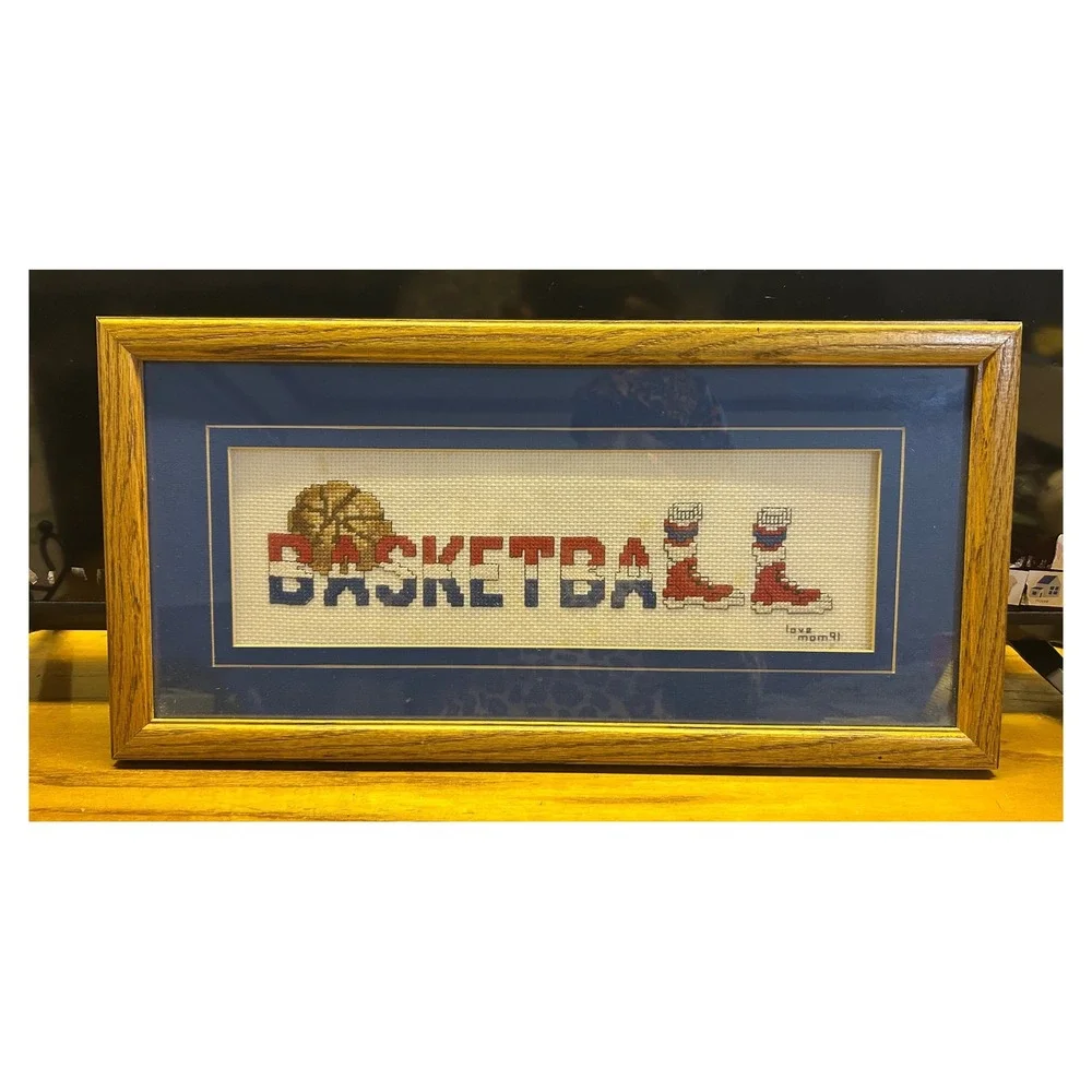 Handmade Basketball Cross Stitch Framed Art 16x8 Blue Red Wood 90s Vintage Good